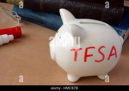 Sparschwein mit Wort TFSA. Steuerfreie Sparkonten. Stockfoto