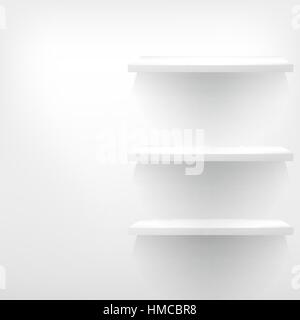 Leere weiße Holzregal an der Wand mit Textfreiraum. EPS 10 Stock Vektor