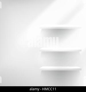 Leere weiße Holzregal an der Wand mit Textfreiraum. EPS 10 Stock Vektor