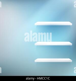 Leere weiße Holzregal an der Wand mit Textfreiraum. EPS 10 Stock Vektor