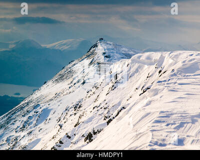 Wanderer auf dem Gipfel des Blencathra im Winter Nationalpark Lake District, Cumbria, Großbritannien Stockfoto