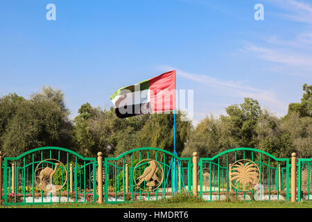 Nationalflagge der VAE in der Liwa-Oase Stadt. Vereinigte Arabische Emirate Stockfoto