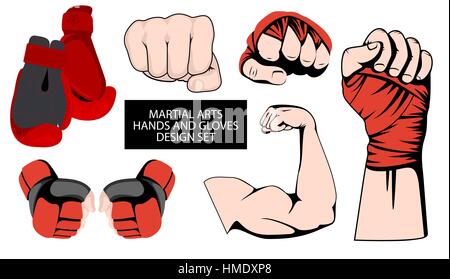 MMA und Boxen rote Handschuhe Hand Design-Element gesetzt. Mixed Martial Arts-Sammlung. Faust-Emblem oder Logo-Idee zu kämpfen. Vektor-sportliche Hände-Symbol Stock Vektor