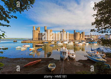 Caernarfon oder Carnarvon oder Caernarvon, Gwynedd, Wales, Vereinigtes Königreich.  Caernarfon Castle über den Fluss-Seiont gesehen.  Es ist Teil des UNESCO-Welt Stockfoto