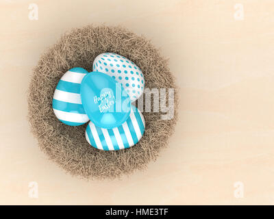 3D-Rendering von Easter Eggs in dekorativen Nest über Holztisch Stockfoto