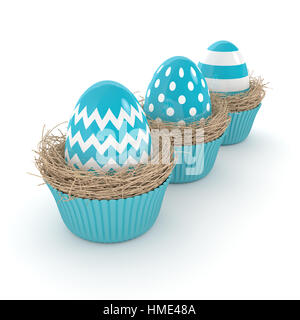 3D-Rendering von Easter Eggs in Muffin isoliert Nester auf weißem Hintergrund Stockfoto