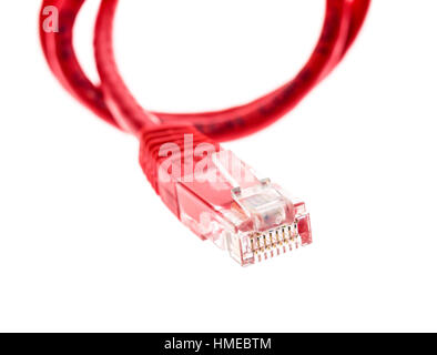 Rote Netz UTP-Kabel mit RJ45-Stecker, isoliert auf weiss. Telekommunikation Computer Verbindung Netzwerkgeräte. Stockfoto