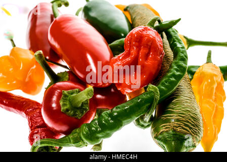 Andere Sorte von Peperoni - eine Reihe von Chilis, isoliert auf weiss. Hot Pepper mazedonischen Fransen, Sarit Gat, Red Cherry, Cayenne, Serrano, Haba Stockfoto