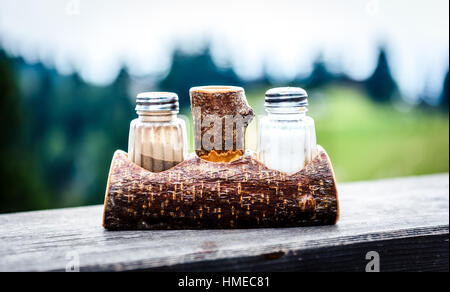Handgefertigte Salz- und Pfefferstreuer in Holzständer in Bergen. Häusler Restaurant Accessoire in idyllischer Landschaft in der Natur. Wanderziel. Stockfoto