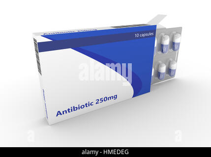 3D Rendering von Antibiotika Pillen im Blister Pack isoliert auf weißem Hintergrund Stockfoto