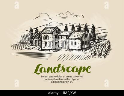 Landhaus, Gebäude Skizze. Vintage Kulturlandschaft, Bauernhof, Ferienhaus-Vektor-illustration Stock Vektor