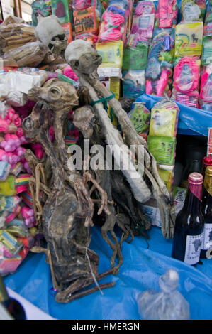 Elemente auf dem Display in einem Chiflera-Shop in der Hexen-Markt in La Paz, für den Einsatz in Opfer an die Pachamama, Mutter Erde Gottheit Stockfoto