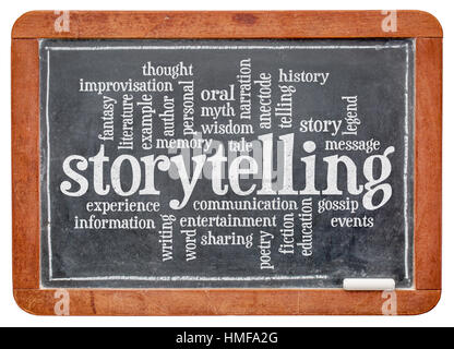 Storytelling-Wortwolke auf einer alten Schiefer Tafel mit einem Beschneidungspfad isoliert Stockfoto