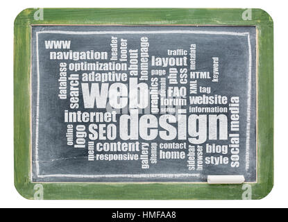 Web Design Word Cloud - weiße Kreide-Text auf einer Vintage Schiefer Tafel mit einem Beschneidungspfad isoliert Stockfoto