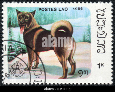 Eine Briefmarke gedruckt in Aos zeigt einen Hund Norwegischer Elchhund, aus Serie Hunderassen, ca. 1986 Stockfoto