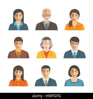 Asien-Geschäft Leute flach Vektor Avatare. Business-Team-Symbole. Frauen und Männer in Anzügen, japanische, chinesische, koreanische jungen und älteren Zeichen. Unternehmen Stock Vektor