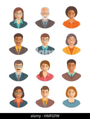Geschäftsleute Vektor-Avatare-Satz. Business-Team-Symbole. Frauen und Männern in Anzügen, jung, senior, kaukasischen und afrikanischen amerikanischen Zeichen. Unternehmen Stock Vektor