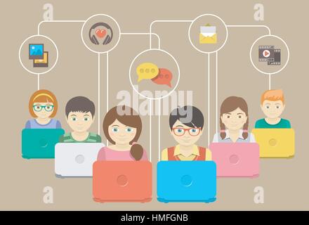 Konzeptionelle flache Vektor-Illustration von Kindern mit Laptops Austausch von Multimedia-Informationen. Social-Networking-Konzept. Sicheres Surfen im Internet für Kinder Stock Vektor