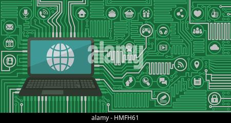 Konzeptionelle Darstellung der Internet Interaktion in Form von Computer-Board mit einem Laptop und Web icons Stock Vektor