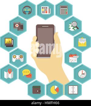 Konzeptionelle Darstellung eines Tablet-PCs mit Symbolen der verschiedenen Arten von Anwendungen in Sechsecke Stock Vektor