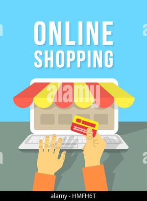 Moderne flach Vektor konzeptionelle Darstellung der Online-Zahlung im Internet-Shop mit Kreditkarte mit einem Laptop. Konzept des e-Commerce und online Stock Vektor