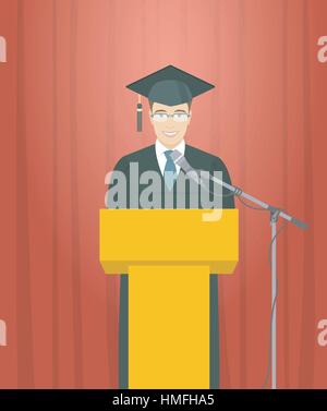 Graduierung Zeremonie Rede flache Vektor-Illustration. Junge Mann lächelnd Dipl.-ein Kleid und eine Quaste steht auf einem Podium und gibt eine Abschlussfeier Stock Vektor