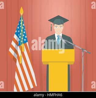 Graduierung Zeremonie Rede flache Vektor-Illustration. Junge Mann lächelnd Dipl.-Robe und Doktorhut steht am Podium in der Nähe von the American Flag und gi Stock Vektor