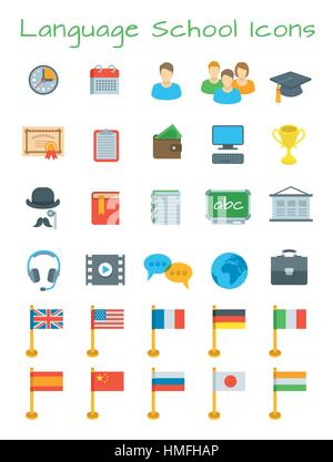 Sprache-Kurse-flache Bildung-Vektor-Icons. Internationale Kommunikation in verschiedenen Sprachen. Fremdsprachen-Website-Design-Elemente. Planung, Stock Vektor