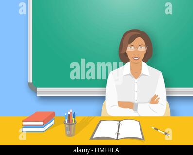 Lehrer am Schreibtisch flach Bildung Vektor-Illustration. Junge lächelnde afroamerikanische Frau Lehrerin mit Schulmaterial vorne am Tisch sitzen Stock Vektor