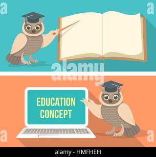 Moderne flach konzeptionelle horizontale Vektor-Illustrationen der Bildung mit einer klugen Eule, der auf einem Buch und einem Computer verweist. Schule Banner. Stock Vektor