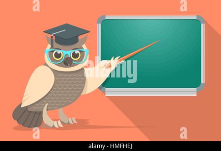 Flache Vektor-Illustration eine Weise Eule in einen Doktorhut und Gläser zeigt einen Zeiger auf eine grüne Schule-Brett. Bildungs-Banner. Lehrer oder lehrreichen Stock Vektor