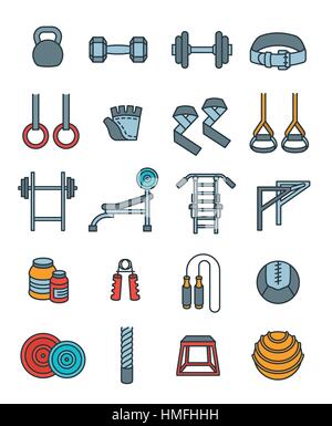 Gewichtheben flache dünne Linie Vektor-Icons set. Bodybuilding Übungen Ausrüstung Piktogramme. Gewichtheben Schulungsobjekte. Kraftdreikampf Fitness-Studio trainieren Stock Vektor