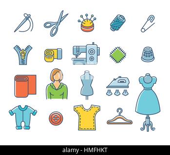 Nähen-Ikonen flache dünne Linie Vektor-Set. Gliederung und Zubehör für Schneiderei und Handarbeiten. Lineare handgefertigte Kleidung Atelier Symbole. Dressmake Stock Vektor