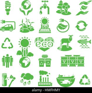 Satz von grünen Silhouette Vektor-Icons des Themas Ökologie, einschließlich alternativer Energiequellen, Umweltschutz und Erhaltung und restoratio Stock Vektor