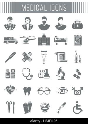 Satz von Vektor-flache Silhouette-Icons rund um Thema Medizin, erste Hilfe, Krankentransporte, medizinische Versorgung, Versicherung, medizinische Behandlung, medi Stock Vektor