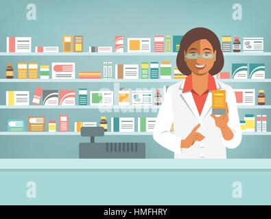 Apotheker am Schalter in der Apotheke. Schwarze Frau Apotheker steht gegenüber Regale mit Medikamenten und Punkte auf Droge. Flache Vektor-Illustration. Gesundheit-ca Stock Vektor