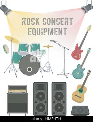 Satz von modernen flachen Vektor-Illustration von Musikinstrumenten und sound-Equipment für Rock-Konzert, Festival, Club party Stock Vektor
