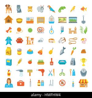 Tiere, Pflege und Gesundheitsvorsorge flach bunten Vektor-Icons, isoliert auf weiss. Einfache helle Symbole Käfige, Ernährung, Spielzeug und Zubehör fo Stock Vektor