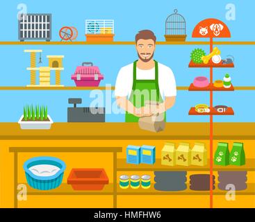 Tierhandlung Verkäufer an einem Schalter in einem Geschäft gegenüberliegenden Regale mit Haustieren Pflege waren. Flache Vektor-Illustration. Kleinunternehmer auf das Konzept der Arbeit. Accesso Stock Vektor