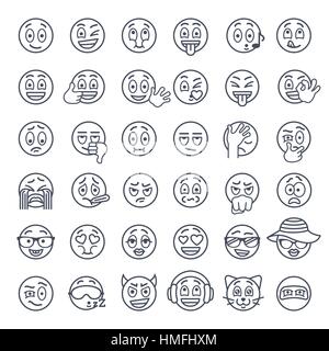 Smiley-Gesicht dünne Linien flach Vektor-Icons Set. Emoji Emoticons. Verschiedene Gesichts Emotionen und Ausdruck lineare Symbole. Süße Kugel Cartoon Charakter m Stock Vektor