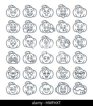 Halloween Kürbis dünne Linie Emoji Emoticons. Lineare Smiley Gesicht Urlaub Symbol flach Vektor-Icons. Gesichts Gefühle und Ausdrücke. Niedlichen Charakter Stimmung Stock Vektor