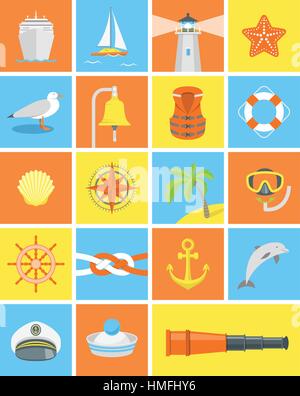 Festlegen der moderne quadratische Symbole für nautische und Meer Reisen Themen Stock Vektor