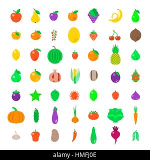 Frisches Obst und Gemüse flache Vektor Icons Set. Bauernhof Ernte Grafikelemente. Exotische tropische Zitrusfrüchte einfache Symbole. Bio-Lebensmittel Piktogramme. Zu heilen Stock Vektor