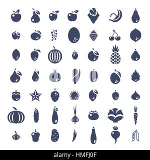 Frische Obst und Gemüse flachen Silhouetten Vektor-Icons Set. Bauernhof Ernte Grafikelemente. Exotische tropische Zitrusfrüchte Symbole. Bio-Lebensmittel Piktogramme. Stock Vektor