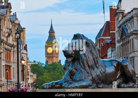 Löwen London Trafalgar Square und Big Ben Tower im Hintergrund Stockfoto