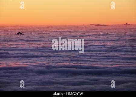 Hügel mit herbstlichen Bäume im Nebel Wolken, weiße Wellen. Nebligen Morgen in ein Herbst-Tal der Bohemien Stockfoto