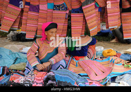 Sapa, Vietnam - 22. Oktober: Frau in traditioneller Kleidung Blume zwei Menschen auf die Bergregionen der Sapa Stadt verkaufen traditi Stockfoto