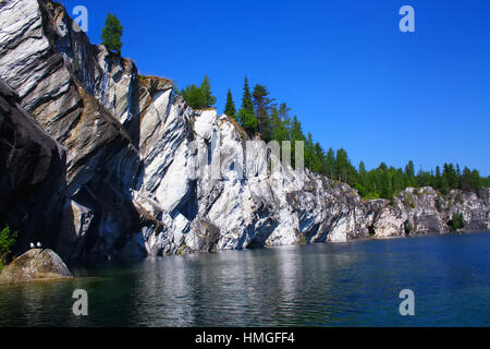Marmor-Steinbruch in Karelien, Russland verlassen. Landschaft mit weißen Felsen und blauem Himmel. Stockfoto