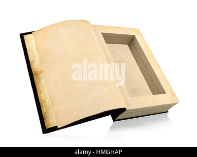 Alte Papier-Buch eröffnet mit einem Loch in der Mitte zum Ausblenden von etwas innen, 3D-Rendering Stockfoto