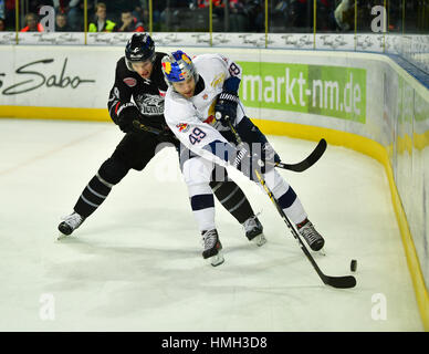 Nürnberg, Deutschland. 3. Februar 2017. Nürnberger David Steckel (l) und Münchner Richie Regehr in Aktion während der DEL-Eishockey-match zwischen Nürnberg Ice Tigers und EHC München in der Arena Nürnberger Versicherung in Nürnberg, 3. Februar 2017. Foto: Matthias Merz/Dpa/Alamy Live News Stockfoto